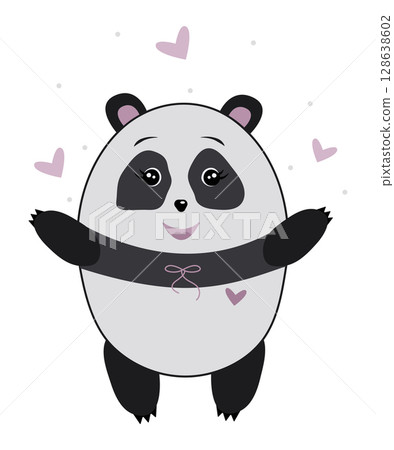 Happy cute panda juggles hearts, vector color illustration is suitable for a postcard or can be used as a print for t-shirt, notepad cover, etc. 128638602