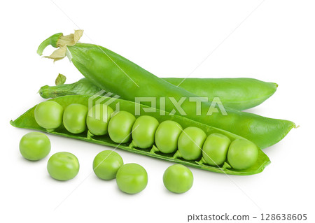Fresh green pea pod with beans isolated on white background Fresh green pea pod with beans isolated on white background 128638605
