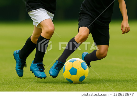 Children kicking and dribbling a soccer ball during a soccer match, Japan, Asia Children kicking and dribbling a soccer ball during a soccer match, Japan, Asia 128638677