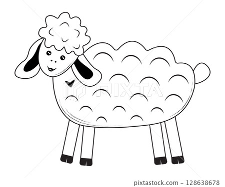 Cute sheep, curious and happy farm animal, vector black and white illustration 128638678