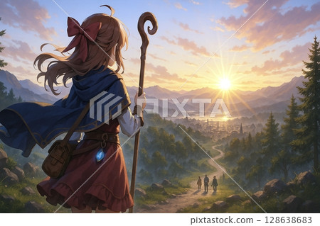 The start of a journey for a girl and her friends, overlooking the city in the morning sun 128638683