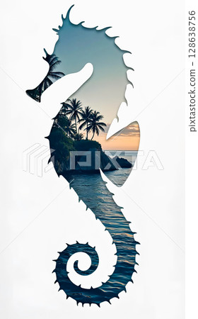 Silhouette of a seahorse combined with a landscape.  Beautiful seahorse. Close-up of an isolated seahorse. 128638756