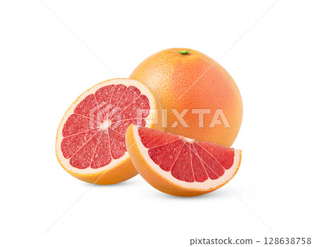 Whole Grapefruit with Half and Slice Isolated on White Background. Fresh Citrus Fruit Concept Whole Grapefruit with Half and Slice Isolated on White Background. Fresh Citrus Fruit Concept 128638758
