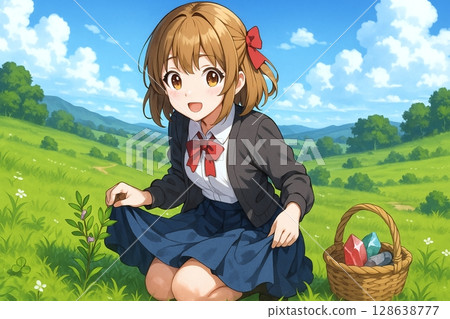 A bright smile of a female student in uniform picking flowers and collecting minerals in a meadow under the blue sky 128638777