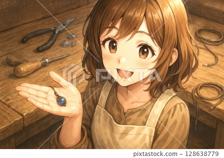 A smiling girl shows off a handmade gemstone pendant in a workshop, with a warm wooden workbench 128638779