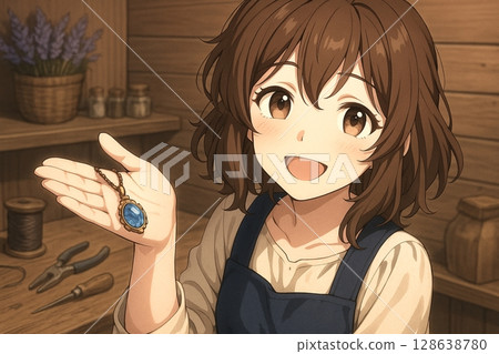 A smiling girl presenting a handmade blue gemstone pendant and a view of a woodworking workshop 128638780