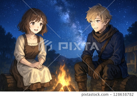 一個安靜的夜晚，男人和女人圍著營火和星空聊天 128638782