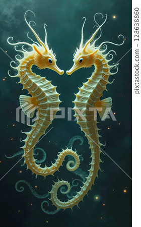 A pair of fantastic seahorses. Two stylized seahorses are depicted facing each other against a dark aquatic background. 128638860