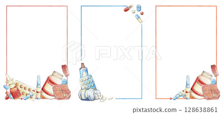 Set of three rectangular frame with medicines in watercolor style isolated on white background. Blisters, tablets, capsules, ampules, syringe, tube. Template for medical information, certificate 128638861