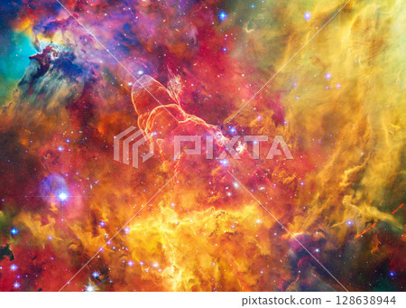 Multicolored structures of gas and dust swirl within a bright star-forming region of space, framed by glowing filaments and shadowed pockets. 128638944