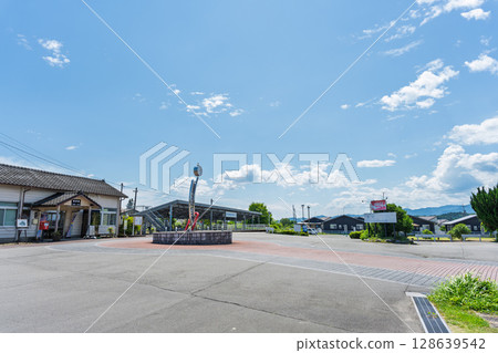 The "Yumae Station Rail Wing" complex adjacent to the Kumakawa Railway's Yumae Station stands out against the blue sky. Yumae Town, Kumamoto Prefecture 128639542