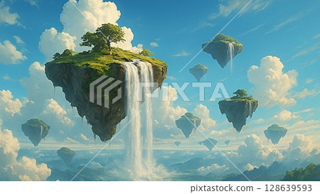 浮島和瀑布的奇幻景觀 128639593
