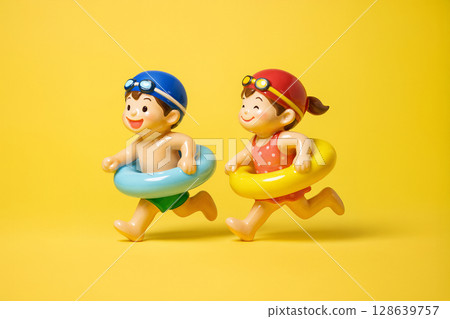 Girls and boys in swimsuits running with swim rings 128639757