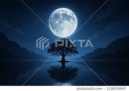 A fantastical landscape of a full moon and a tree reflected in a lake 128639945
