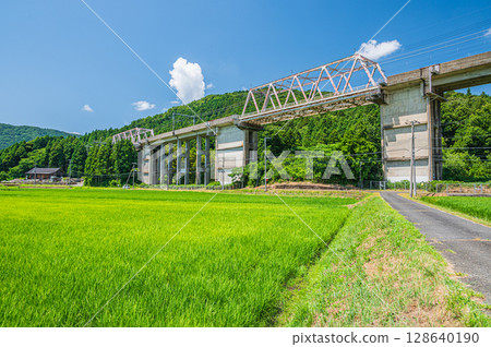 穿過滋賀縣長濱市西亞西町鄉村的湖西線高架橋 穿過滋賀縣長濱市西亞西町鄉村的湖西線高架橋 128640190