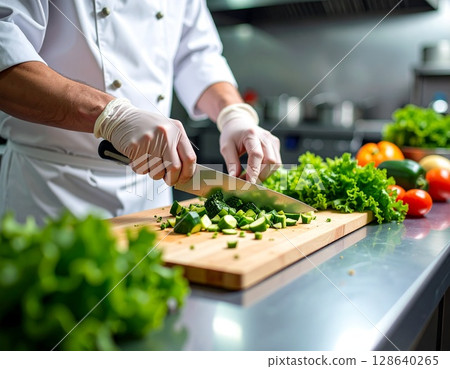 Professional technique: Close-up of a chef chopping fresh vegetables 128640265