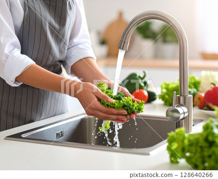 Washing fresh: Carefully preparing vegetables under running water 128640266