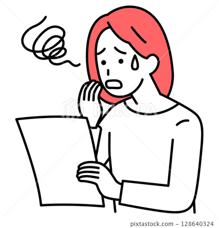 Casual woman confused looking at documents 128640324