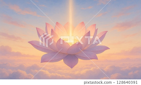 蓮花與光柱漂浮空中的夢幻景觀 蓮花與光柱漂浮空中的夢幻景觀 128640391