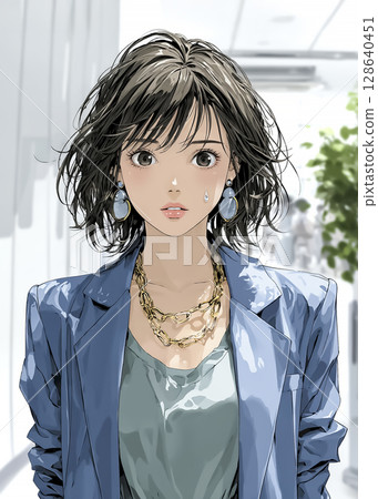 Illustration material of a businesswoman with her eyes wide open in surprise 128640451