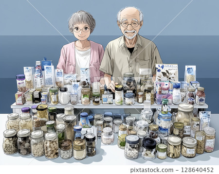 Illustration material of a senior couple stockpiling emergency food 128640452