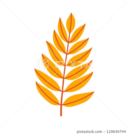 Orange ash leaf branch isolated on white background. Simple autumn fall leaf for pattern, banner, sticker. Hello autumn card. Flat vector illustration. 128640744