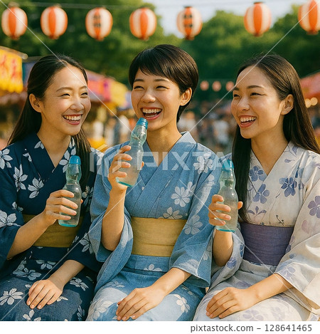 我創作了三個人穿著浴衣坐著喝著拉姆尼消暑的場景。 128641465