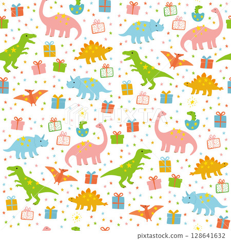 Cute dinosaurs, stars and presents seamless pattern 128641632