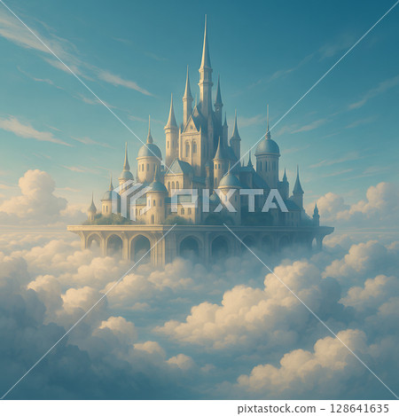 Illustration of a fantasy city in the sky floating above the clouds Illustration of a fantasy city in the sky floating above the clouds 128641635