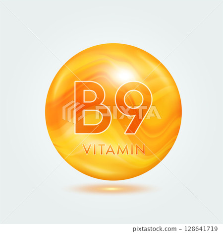 Vitamin B9 ball orange golden. Beauty nutrition skincare. Vitamins complex isolated on gray background. For product design. Medical and scientific concepts. Icon 3D Vector EPS10. 128641719