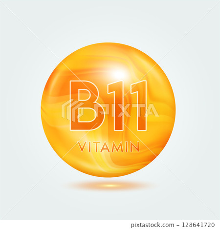 Vitamin B11 ball orange golden. Beauty nutrition skincare. Vitamins complex isolated on gray background. For product design. Medical and scientific concepts. Icon 3D Vector EPS10. 128641720