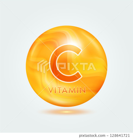 Vitamin C ball orange golden. Beauty nutrition skincare. Vitamins complex isolated on gray background. For product design. Medical and scientific concepts. Icon 3D Vector EPS10. 128641721