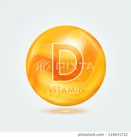 Vitamin D ball orange golden. Beauty nutrition skincare. Vitamins complex isolated on gray background. For product design. Medical and scientific concepts. Icon 3D Vector EPS10. 128641722