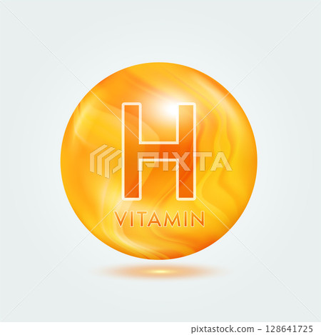 Vitamin H ball orange golden. Beauty nutrition skincare. Vitamins complex isolated on gray background. For product design. Medical and scientific concepts. Icon 3D Vector EPS10. 128641725