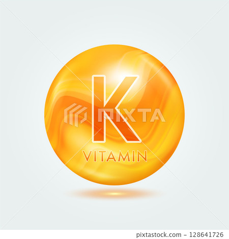 Vitamin K ball orange golden. Beauty nutrition skincare. Vitamins complex isolated on gray background. For product design. Medical and scientific concepts. Icon 3D Vector EPS10. 128641726