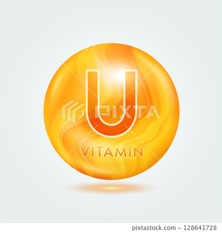 Vitamin U ball orange golden. Beauty nutrition skincare. Vitamins complex isolated on gray background. For product design. Medical and scientific concepts. Icon 3D Vector EPS10. Vitamin U ball orange golden. Beauty nutrition skincare. Vitamins complex isolated on gray background. For product design. Medical and scientific concepts. Icon 3D Vector EPS10. 128641728