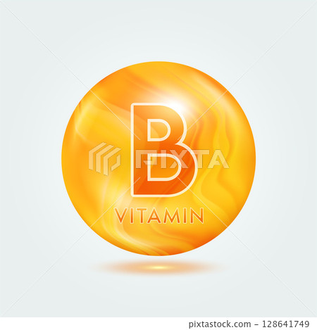 Vitamin B ball orange golden. Beauty nutrition skincare. Vitamins complex isolated on gray background. For product design. Medical and scientific concepts. Icon 3D Vector EPS10. Vitamin B ball orange golden. Beauty nutrition skincare. Vitamins complex isolated on gray background. For product design. Medical and scientific concepts. Icon 3D Vector EPS10. 128641749