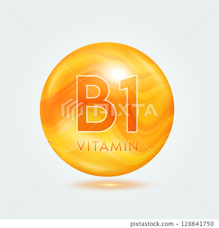 Vitamin B1 ball orange golden. Beauty nutrition skincare. Vitamins complex isolated on gray background. For product design. Medical and scientific concepts. Icon 3D Vector EPS10. 128641750