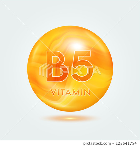 Vitamin B5 ball orange golden. Beauty nutrition skincare. Vitamins complex isolated on gray background. For product design. Medical and scientific concepts. Icon 3D Vector EPS10. 128641754