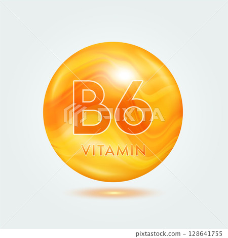 Vitamin B6 ball orange golden. Beauty nutrition skincare. Vitamins complex isolated on gray background. For product design. Medical and scientific concepts. Icon 3D Vector EPS10. Vitamin B6 ball orange golden. Beauty nutrition skincare. Vitamins complex isolated on gray background. For product design. Medical and scientific concepts. Icon 3D Vector EPS10. 128641755