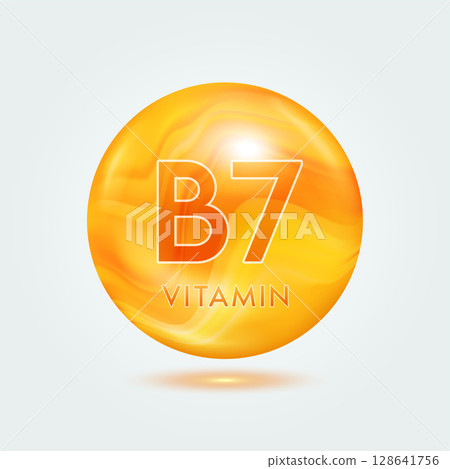 Vitamin B7 ball orange golden. Beauty nutrition skincare. Vitamins complex isolated on gray background. For product design. Medical and scientific concepts. Icon 3D Vector EPS10. Vitamin B7 ball orange golden. Beauty nutrition skincare. Vitamins complex isolated on gray background. For product design. Medical and scientific concepts. Icon 3D Vector EPS10. 128641756