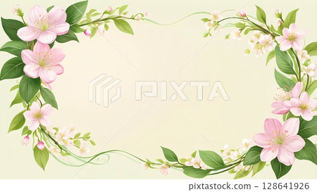 櫻花與嫩葉的植物框架|透明水彩風格 128641926