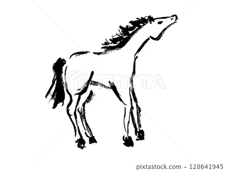 New Year's card design: Hand-drawn Japanese-style brush illustration of a horse 128641945