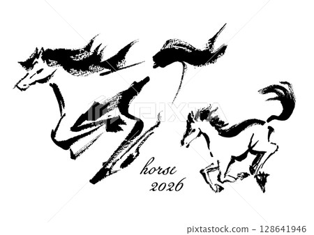新年賀卡設計：手繪日式奔馬插畫 128641946