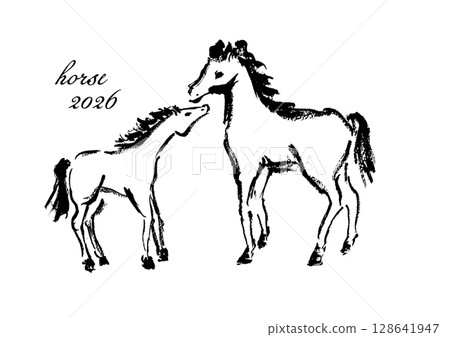 New Year's card design: Hand-drawn Japanese-style brush illustration of a mother and child horse 128641947