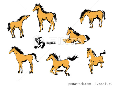 一組用毛筆繪製的馬/向量素材,非常適合新年賀卡等。 一組用毛筆繪製的馬/向量素材,非常適合新年賀卡等。 128641950