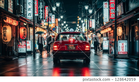 一輛出租車在夜間穿過繁忙的街道 128642059