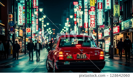 A taxi passing through a busy street at night A taxi passing through a busy street at night 128642060