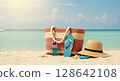 Straw hat standing on the beach (enjoying summer vacation) 128642108