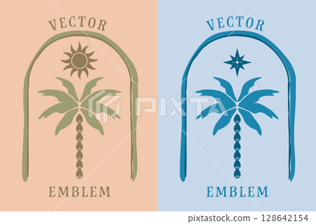 Palm tree, sun and star logo design template Palm tree, sun and star logo design template 128642154